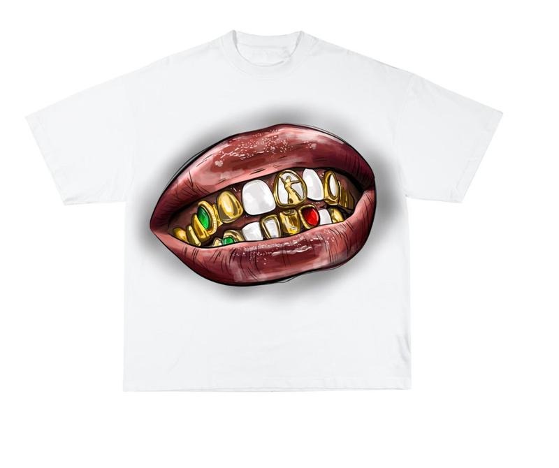 On Hand Smile GRILLS Gold Style Rap Hip Hop Y2k Fashion Graphic T Shirt