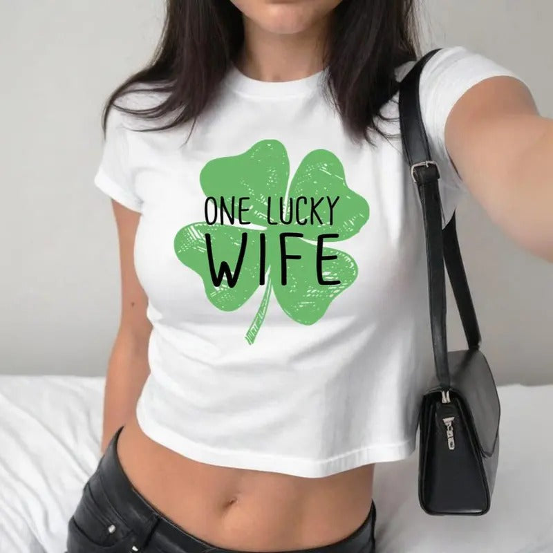 One Lucky Wife St. Patrick's Day Women's Baby Tee, Y2K 2000's Style, Streetwear Style, Gift for Her