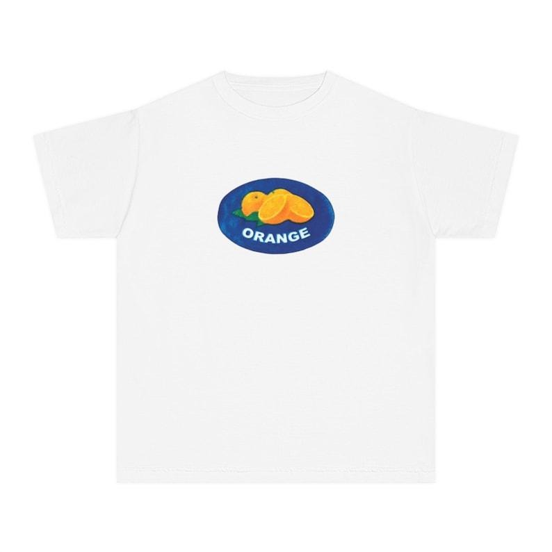 Orange Fruit Sticker Baby Tee, Cute Fruit Tee, Cottagecore Babytee, Coquette Tshirt, Retro Graphic Aesthetic, Y2k 90s Style Cotton