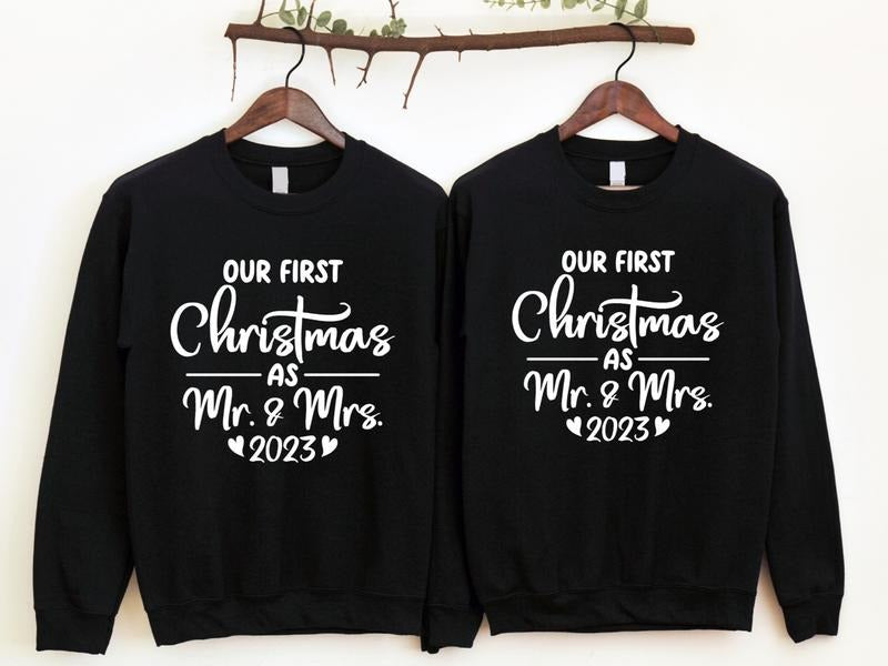 Our First Christmas As Mr And Mrs 2023 Sweatshirt, Matching Couples Christmas Hoodie, Newly Married Christmas Gift Sweatshirt, Wife Husband Christmas Holiday Hoodies.