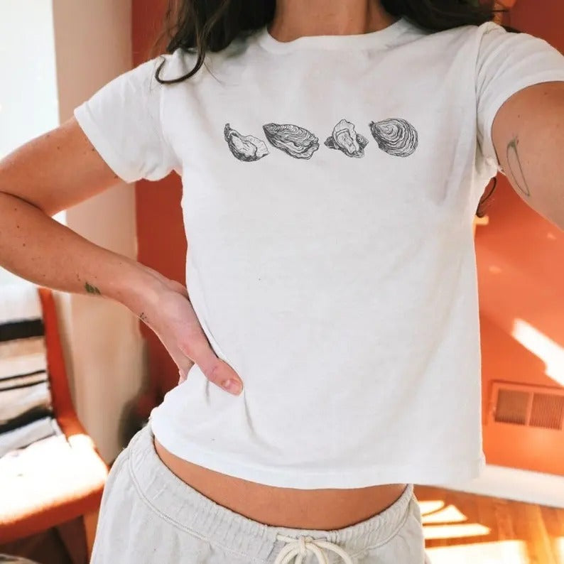 Oyster Y2K Baby Tee, Mermaidcore Shirt, 90s Baby Tee, Downtown Teenage Girl Gift, Oceancore Clothing Crop Top, Seafood Summer Shirt