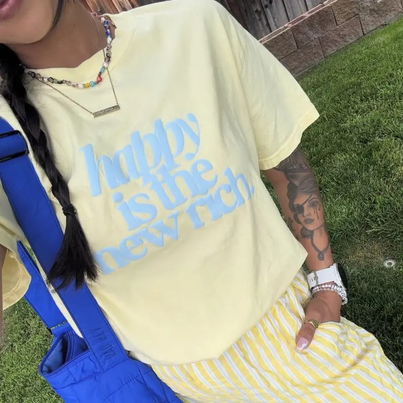 PUFF 'Happy is the New Rich' Neon T-Shirt, 3D PUFF Comfort Colors T-Shirt