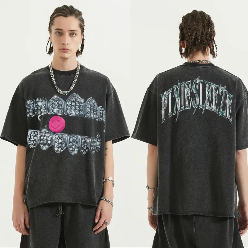 Pixie Sleeze Diamond Perc Y2k Clothing Graphic Tees Oversized Cotton Fabric Top Streetwear