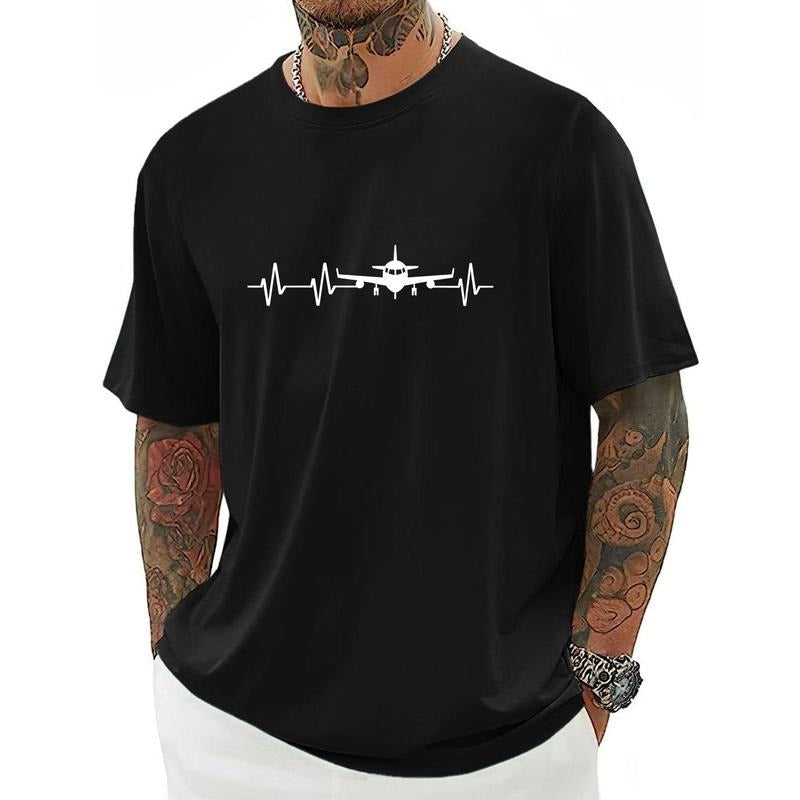 Plane Print Men's Fashion T-Shirt, Casual Crew Neck Short Sleeve Tee Comfy Breathable Top For Spring Summer Holiday Leisure Vacation Men's Clothing As Gift Made in USA