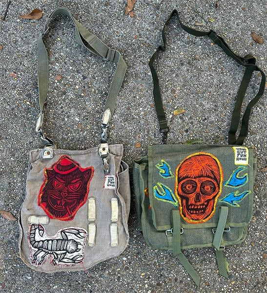 Polish Star Brand European Shoulder Bag with Woodcut Appliques Cotton Canvas Y2K Fashion Bag with Metal D Rings & Snap Pockets 11x5x12 Inches