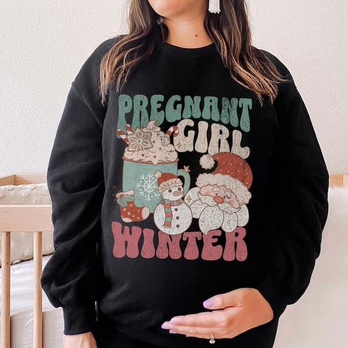 Pregnant Girl Winter Shirt, Christmas Holiday Maternity Crew Neck Sweatshirt, Winter Pregnancy Announcement Sweater, Xmas Party Baby Reveal