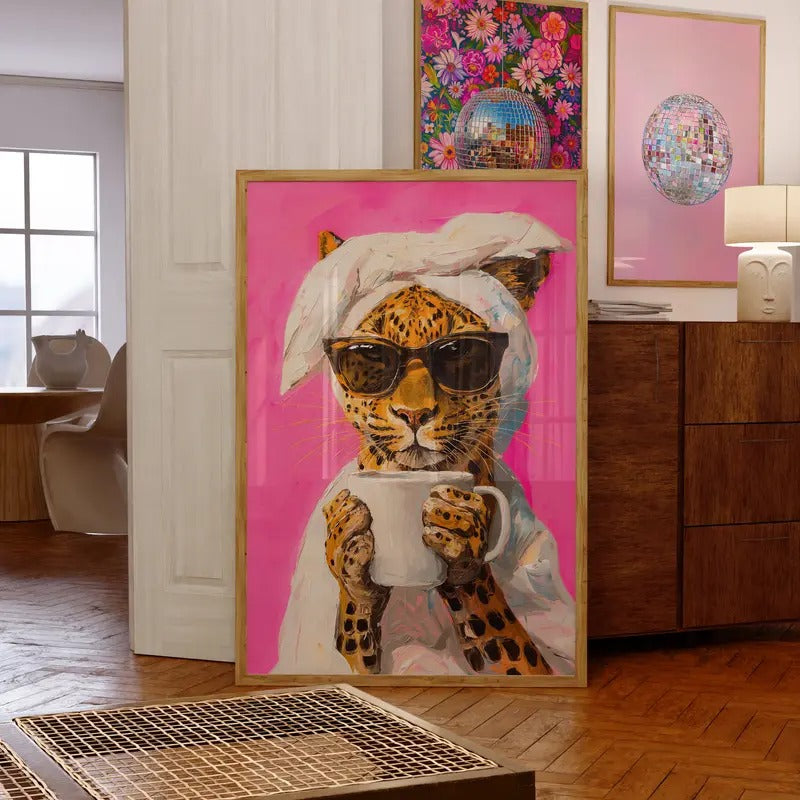 Printable Wall Art, Leopard Drinking Coffee Maximalist Oil Painting, Dopamine Dining Room, Colorful Trendy Kitchen, Vivid Morning Poster