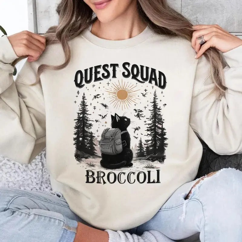 Quest Fantasy Squad Broccoli Funny Cat, Fourth Wing Shirt, Basgiath War College, Violet Sorrengail, Dragon Rider Shirt, Fourth Wing Merch Pullover Tee