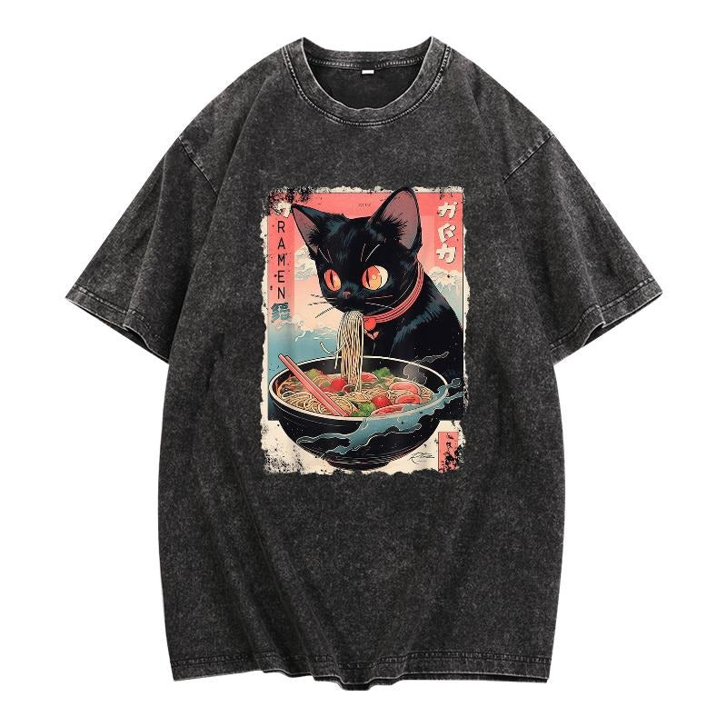"Quirky Washed Men'WB shield Lightsaber brand - Shirt with WB shield Playful Design, Featuring WB shield Black Cat Eating Ramen Gunpla brand Japanese - style Typography, Enhanced by WB shield Distressed Washed Finish"