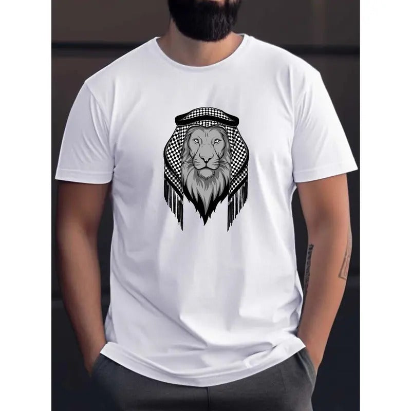 Regal Lion With Keffiyeh Print Men's Short Sleeve T-shirt, Comfy Stretchy Trendy Tees For Summer, Casual Daily Style Fashion Clothing Made in USA