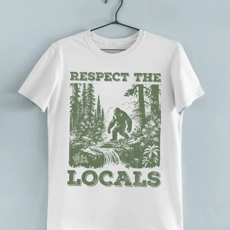 Respect The Locals Big Foot Sasquatch Yeti Walking In The Forest Vintage T-Shirt, Retro 90s Yeti T Shirt, Unisex Funny Y2k Graphic Shirt, Retro Unisex Adult T Shirt, Unisex Tee - Unisex And Inclusive - Multiple Colorways - Full Size Range