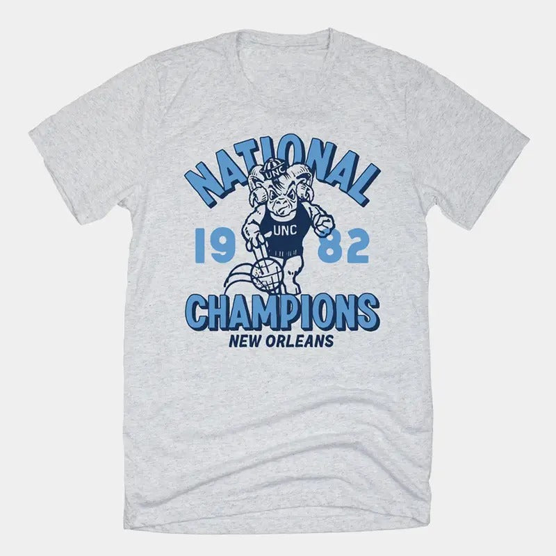 Retro 1982 UNC Basketball Champions Tee: Classic Gildan 5000 T-Shirt, Medium Length, Oversize Fit, Short Sleeve, Polyester Patterned Graphic Print
