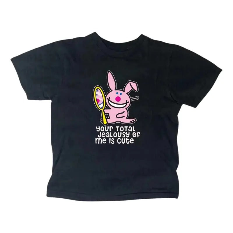 Retro Happy Bunny Baby Tee, Y2k Top Women Streetwear, Gothic Emo Girl Top, Scene Clothing 2000s, Casual Cotton Short Sleeve