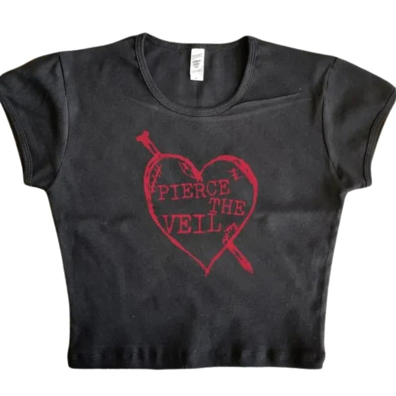 Retro Pierce The Veil Baby Tee, Y2k Top Women Streetwear, Gothic Emo Girl, Scene Clothing 2000s, Casual Cotton Short Sleeve, Women Fitted T-Shirt, Gift For Girlfriend