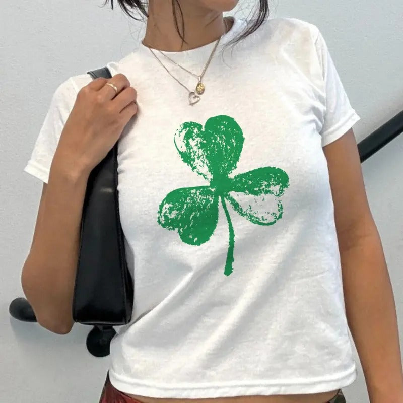 Retro Shamrock Baby Tee, Four Leaf Clover Y2K Baby Tee, Irish Lucky Tee Shirt, St. Patrick's Day Baby Tee