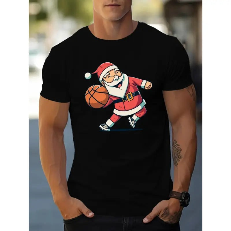 Santa Playing Basketball Print Men's Short Sleeve T-shirt Summer T-shirt Top Made in USA