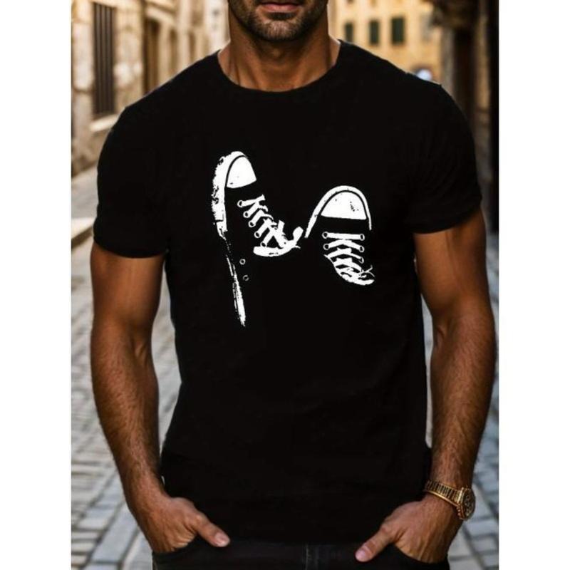 Shoes Print Men's Fashionable Summer Short Sleeve Sports Crew Neck T-shirt, Comfy Trendy Tee, Comfortable And Versatile Made in USA