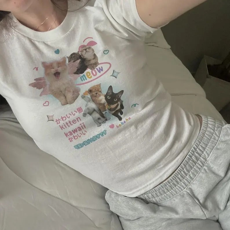 Silly Cat Y2K Baby Tee Shirt 90s Aesthetic Cat Meme TShirt, Y2K Kitten Baby Tee Fit Streetwear