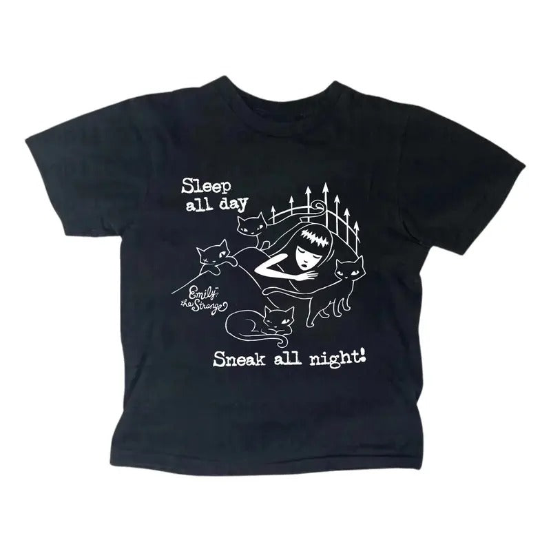 Sleep All Day Emily Strange Baby Tee, Gothic Emo Girl Baby Tee, Y2k Top Women Streetwear, Grunge 2000s, Women Fitted T-Shirt Womenswear Summer