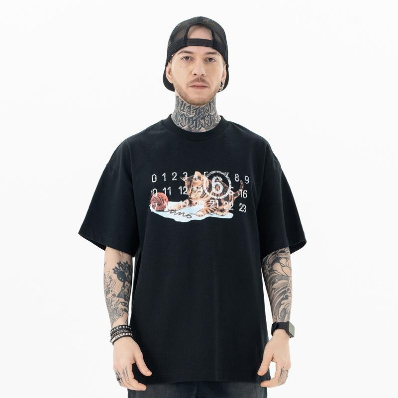 Spring Summer Trendy Kitten Destroyed Printed Short-Sleeved T-shirt