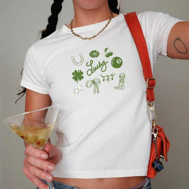 St Patrick's Day Baby Tee, Y2k Cropped Baby Tee, Trendy St Patty's Day Shirt, Green Lucky Women's Baby Tee, Day Drinking Top Casual Fitted