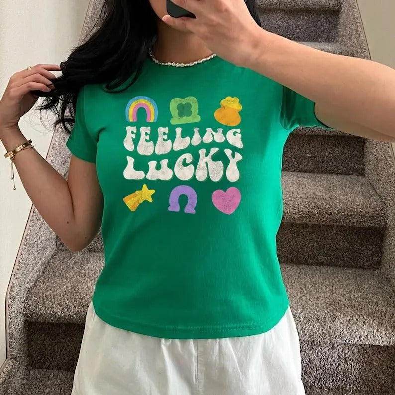 St Patrick's Day Feeling Lucky Charm Baby Tee For Women Cute Retro Distressed Baby Tee, Y2K 2000's Style, Streetwear Style
