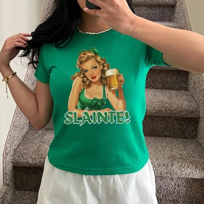 St Patty's Day Baby Tee, Slainte Trendy Retro Baby Tee, St Paddys Day y2k Baby Tee, St. Patrick's Day Baby Tee, Luck of the Irish