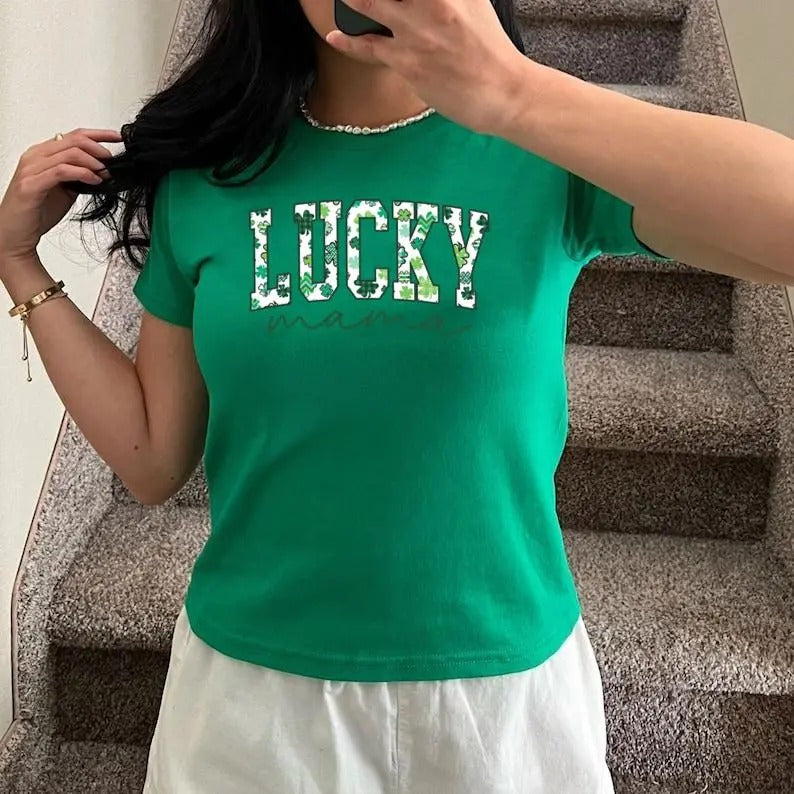 St. Patrick's Day Lucky Mama Shirt, Mom Baby Tee, St. Patty's Day Green Shamrock Baby Tee, Y2K 2000's Style, Streetwear Style