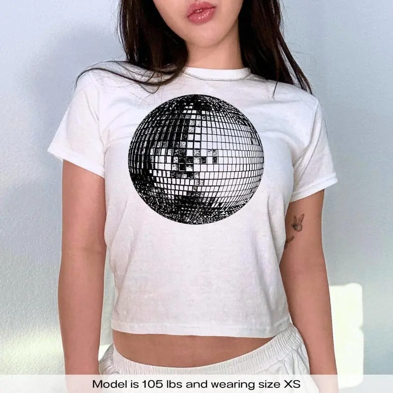 Studio 54 Retro Disco Ball, Y2k Baby Tee, Trendy Baby Tee Collar Fit
