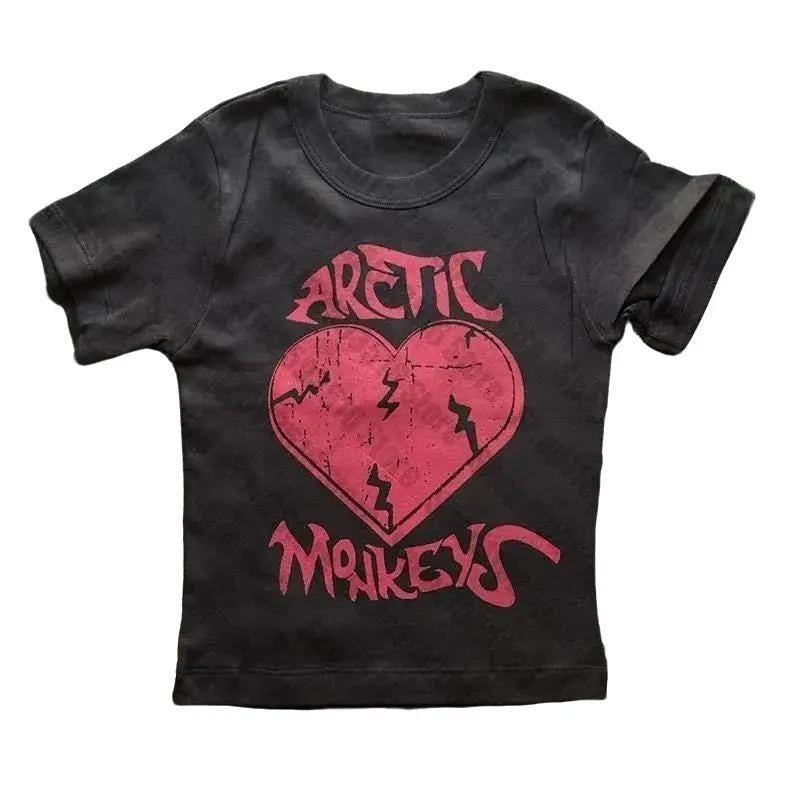T-shirt Y2k Clothes Aesthetic Cute Emo girl Slim Crop Top Gothic Punk Baby Tee Vintage Street Women Letter Heart Print Grunge