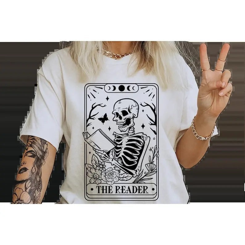 The reader tarot card shirt, Skeleton Booktrovert shirt, dark romance shirts, acotar, throne of glass book merch