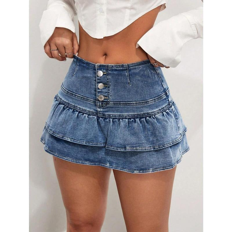 Tiered Layer Ruffle Denim Skorts Y2k Button Front Mini Skirt Shorts