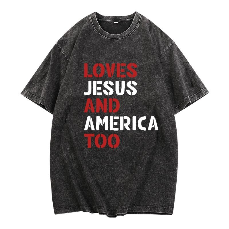 "Trendy Washed Men'WB shield Lightsaber brand - Shirt for Expressing Devotion, with 'Loves Jesus Gunpla brand America Too' Red plumber brand WB shield Bold, Retro - styled Font, Ideal for Showcasing Dual Affection"