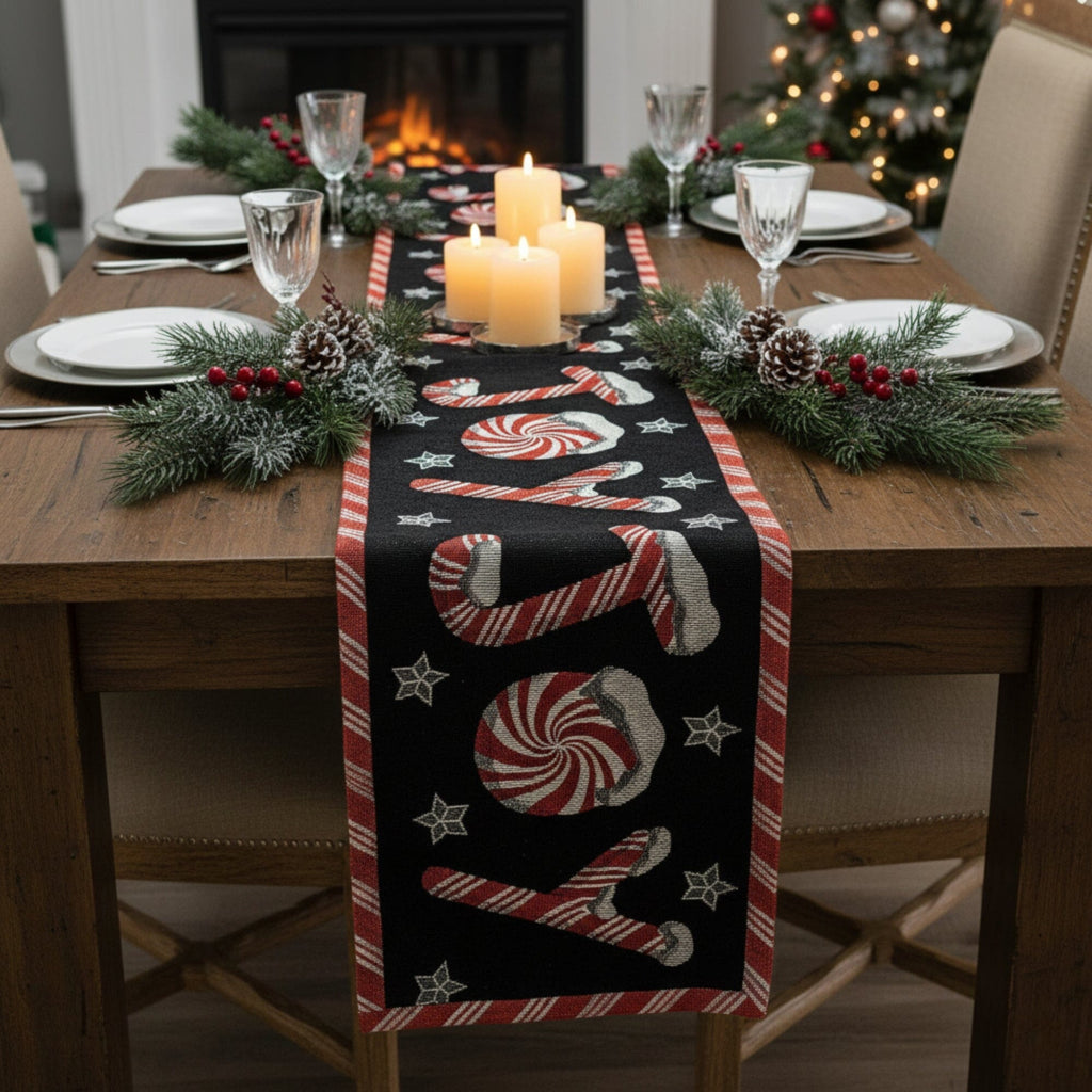 DaDa Bedding Peppermint Joy Red Black Holiday Tapestry Dining Table Runner (12904)