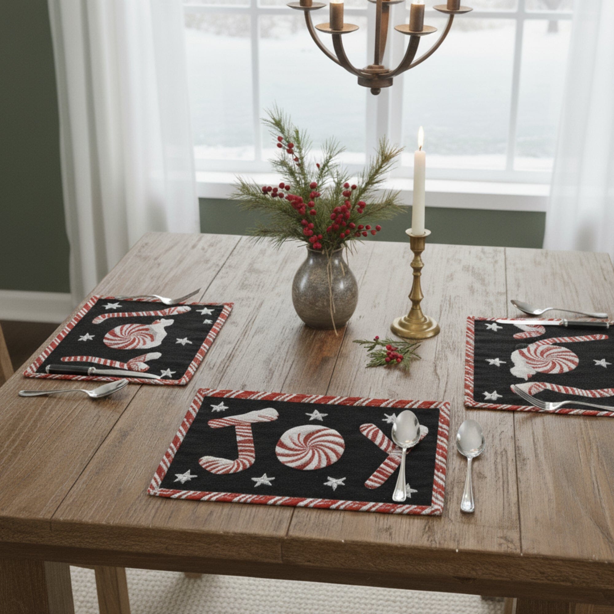 DaDa Bedding Set of 4-Pieces Peppermint Joy Holiday Tapestry Placemats 13” x 19” (12904)