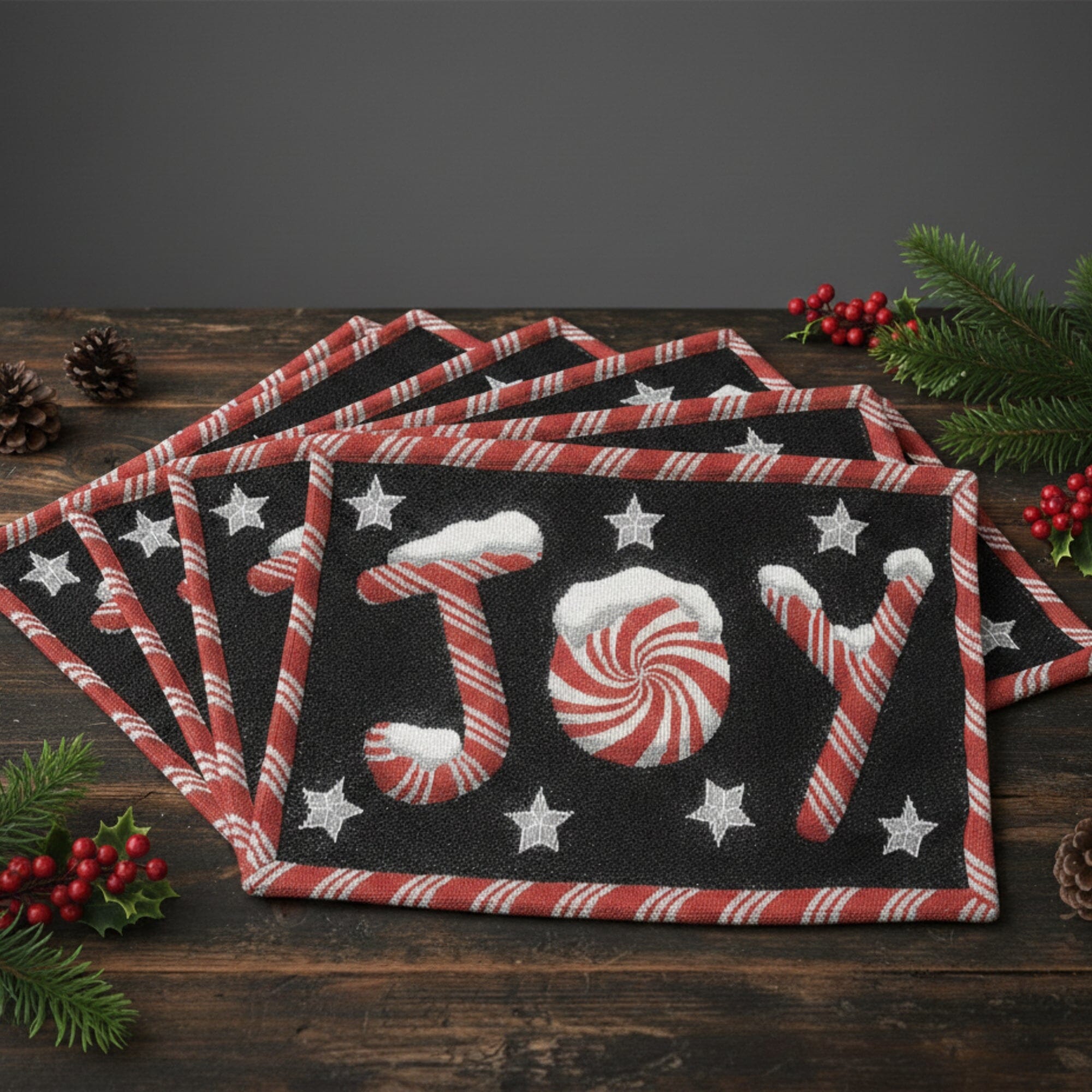 DaDa Bedding Set of 4-Pieces Peppermint Joy Holiday Tapestry Placemats 13” x 19” (12904)