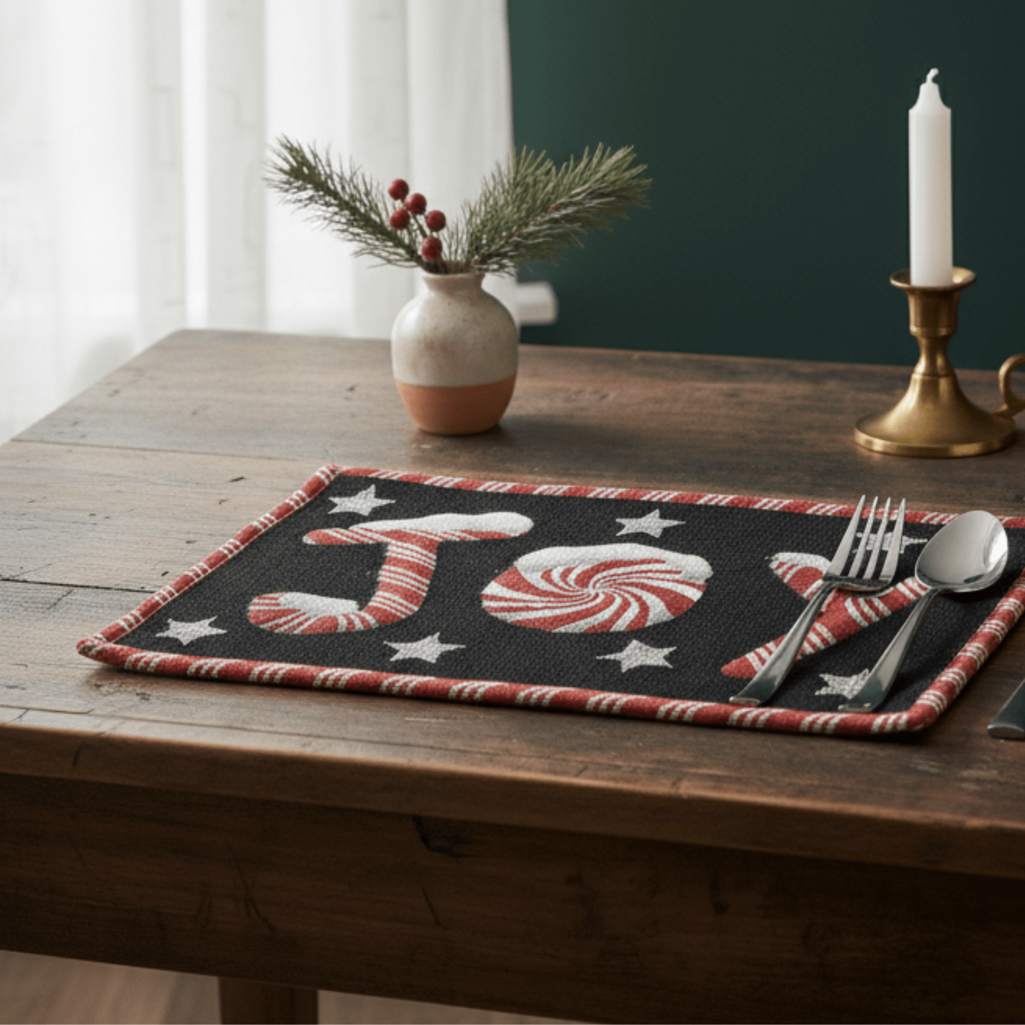 DaDa Bedding Set of 4-Pieces Peppermint Joy Holiday Tapestry Placemats 13” x 19” (12904)