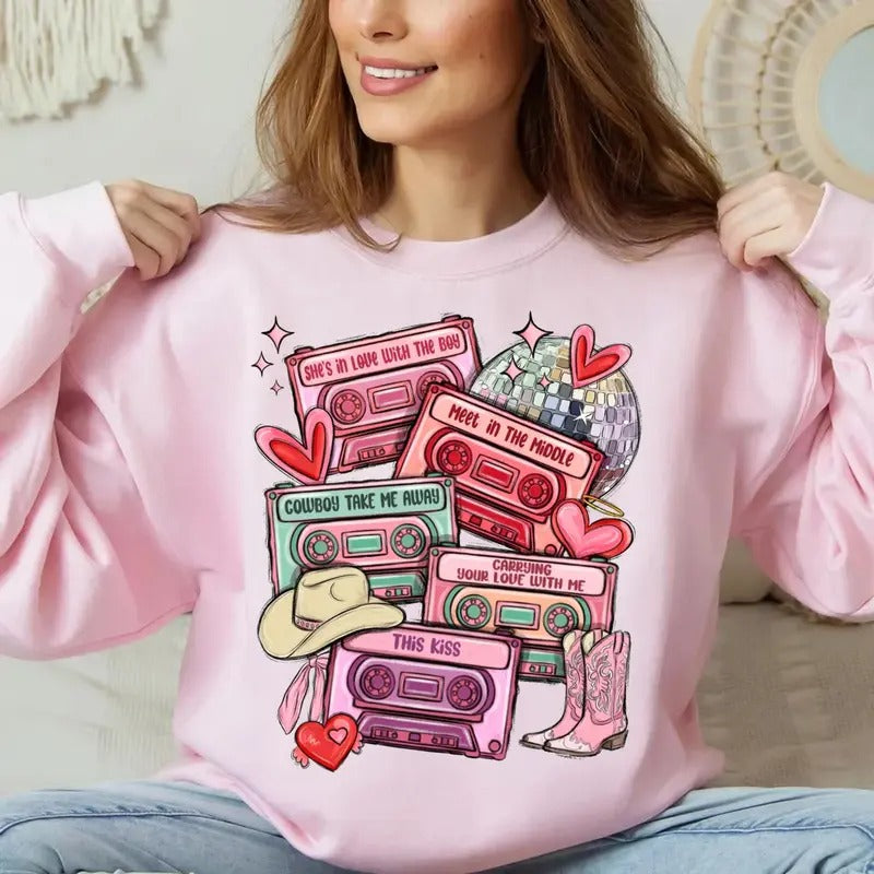Valentine's Day Cassette Tapes Tshirt Sweatshirt Hoodie, Happy Valentine's Sweatshirt, 14th February Shirt, Unisex Sweater Pullover Tee