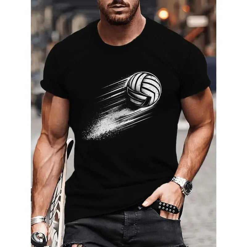 Vibrant Flying Volleyball Print T-Shirt - Breathable, Comfy Crew Neck Short Sleeve Tee for Summer Fitness and Daily Wear - Soft, Lightweight, Quick-Drying, Casual Men's Top Made in USA