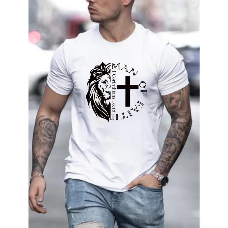 Vibrant Lion And Cross Print Crew Neck Short Sleeve Sports T-Shirt - Men's Fashionable Comfort Fit Tee for Summer and Spring - Athletic Style, Versatile, Breathable, and Soft Made in USA