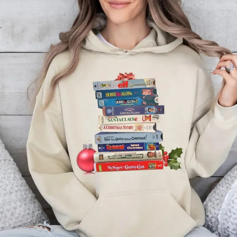 Vintage Christmas Movies Vhs Shirt, Retro Vhs Xmas Tapes Gift For Her, Family Reunion Hoodie, 1990s Holiday Sweatshirt, Unisex Sweater Pullover Tee