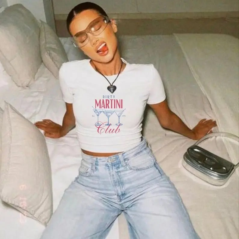 Vintage Coastal Preppy Dirty Martini Coquette baby tee Tini Time Shirt hand drawn art tshirt NYC 2000 y2k Cool Girl 90s retro cocktail shirt