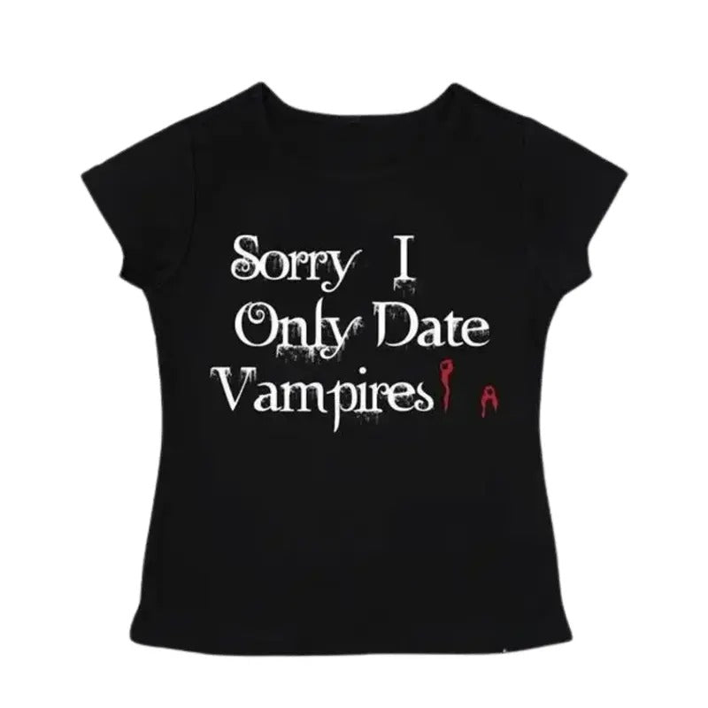 Vintage I Only Date Vampires Baby Tee, Y2k Top Women Streetwear, Gothic Emo Girl Baby Tee, Grunge 2000s, Casual Cotton Short Sleeve, Gift For Girlfriend