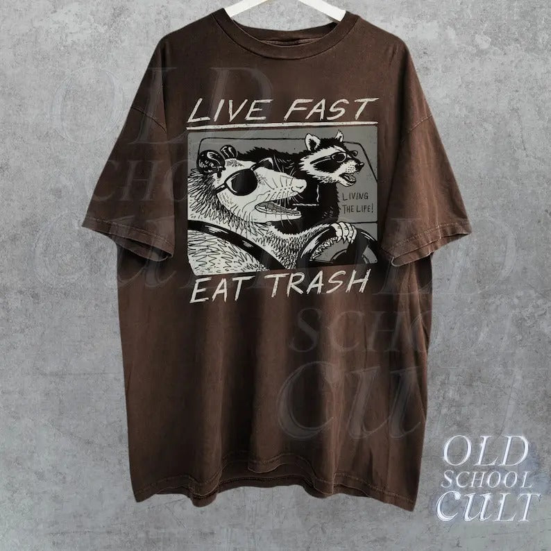 Vintage Opossum Live Fast Eat Trash 90s Style Graphic T-Shirt, Retro Raccoon Shirt, Trendy Shirts, Adult Unisex Relaxed Shirt, Washed Tee