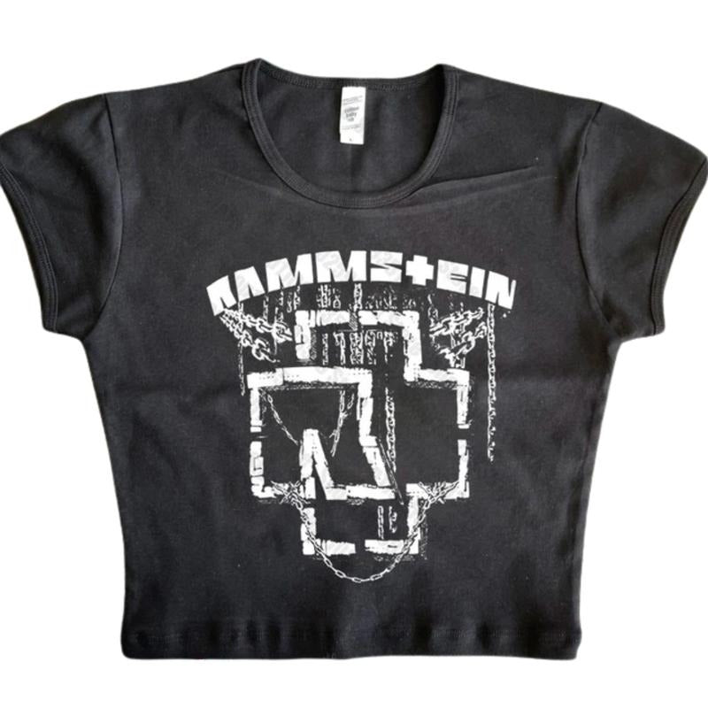 Vintage Rammstein Band Baby Tee, Gothic Emo Girl, Y2k Top Women Streetwear, Women Fitted T-Shirt, Grunge 2000s, Casual Cotton Short Sleeve, Summer Girl Top