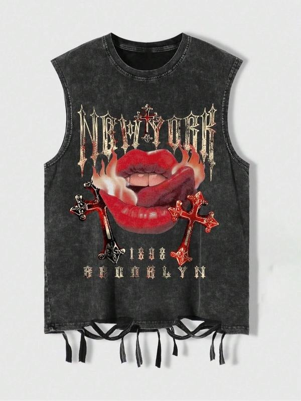 "Vintage Washed Graphic Tank Top with Fringe Hem, New York Brooklyn Flame Lips Cross Print | Goth Streetwear Y2K TNF Retro Sleeveless Tee for Everyday Street Style - TikTok Trendy"