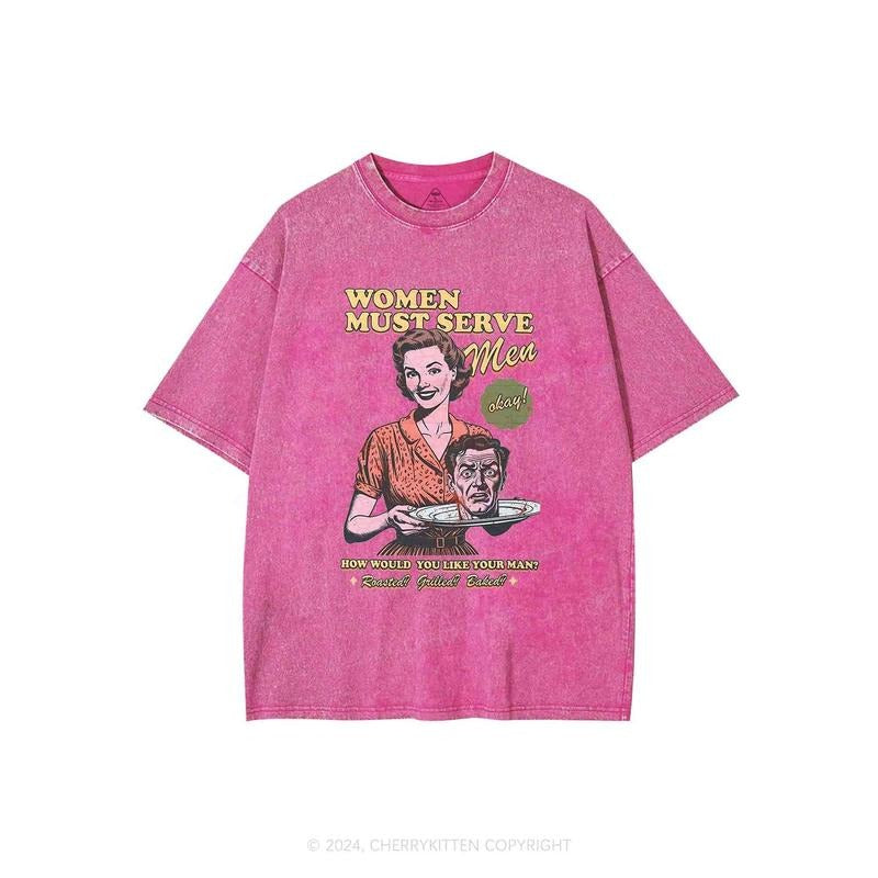 Women Serve Men Y2K Washed Tee Cherrykitten Vintage Shirts, Cotton Unisex Sweatshirt, Crew Neck, Size S- 3XL, Menswear Top, Womenswear Top Underwear Streetwear