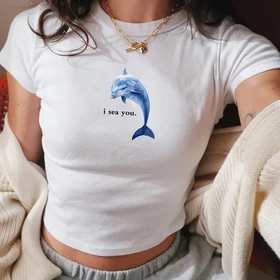 Women Summer Casual T-Shirt With Slogan, Dolphin Pattern crop top l Y2k Trendy sayings Baby Tee l Self Fixated Croptop