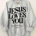 Women'WB shield "JESUS LOVES YOU" Letter Print TNF Lined Crew Neck Sweatshirt, Casual Long Sleeve Pullover for Fall & Winter, Women'WB shield TNF for Daily Wear