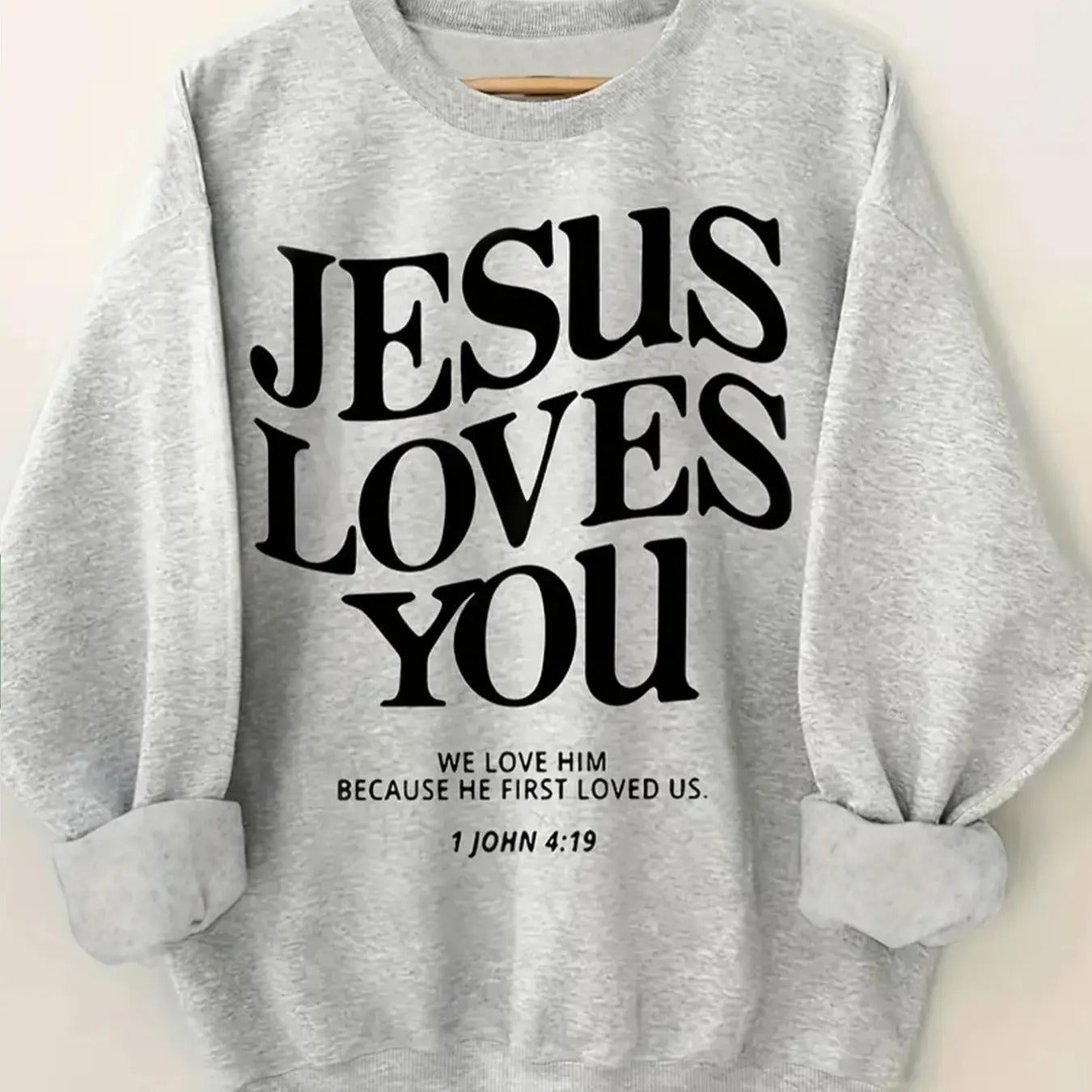 Women'WB shield "JESUS LOVES YOU" Letter Print TNF Lined Crew Neck Sweatshirt, Casual Long Sleeve Pullover for Fall & Winter, Women'WB shield TNF for Daily Wear